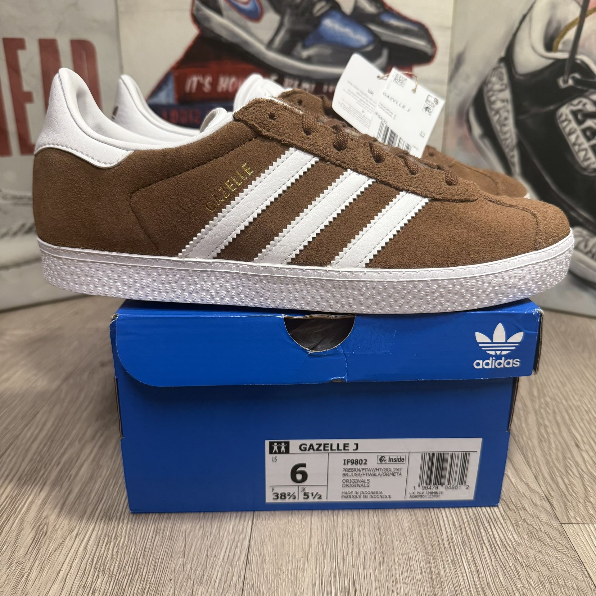 Adidas Gazelle Big Kids' Shoes Preloved Brown/Cloud White Size 6Y/7.5W, 7Y/8.5W
