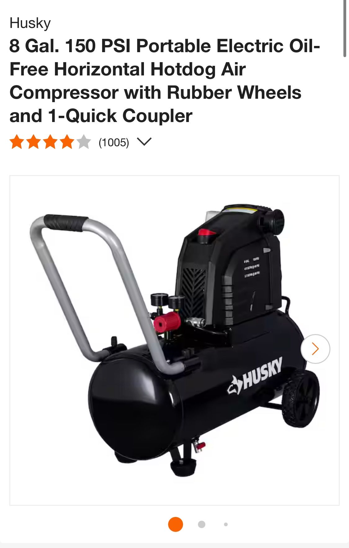 Husky 8 Gal. 150 PSI Portable Electric Oil-Free Horizontal Hotdog Air Compressor with Rubber Wheels and 1-Quick Coupler