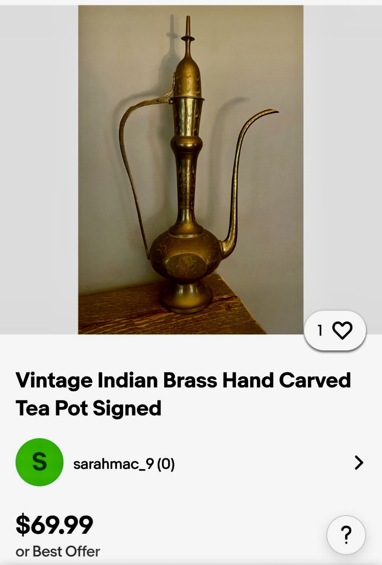 Vintage Indian Brass Teapot – Hand Carved & Signed – Unique Decor!