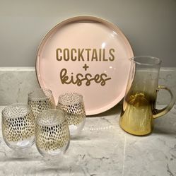 Pink & Gold “Cocktails & Kisses” Bar Set - Serving Tray, Glass Pitcher, & 4 Stemless Wine Glasses