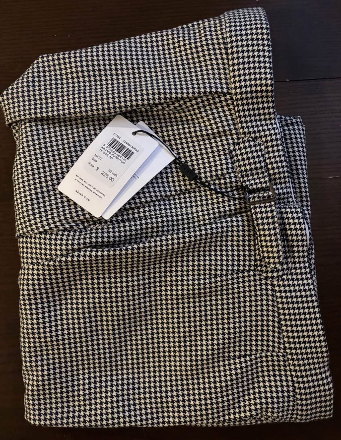 Reiss Men’s Designer Herringbone Dark Navy and White Semi-Pleated Pant 32x32