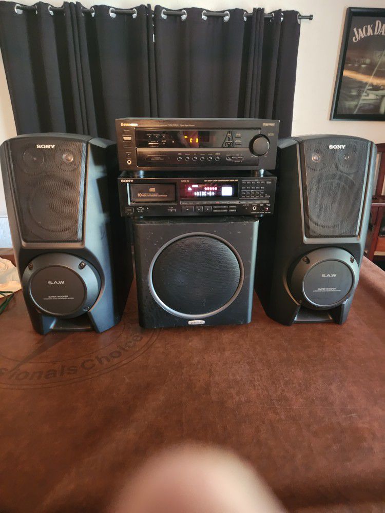 Pioneer receiver, Sony speakers. and Polk audio subwoofer