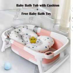 Portable Foldable Baby Bath Tub with Soft Floating Cushion Bath Net &Thermometer Travel Collapsible Baby Bathtub for Newborn to Toddler