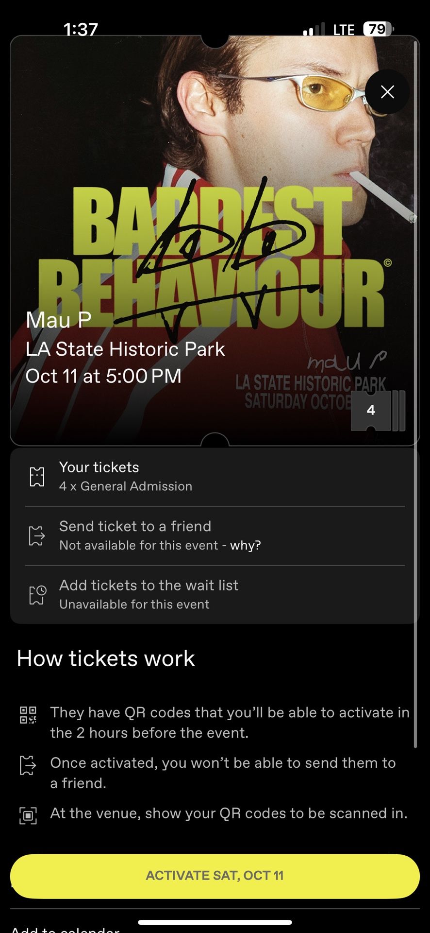 4x MauP Saturday LA Historic Park GA Tickets