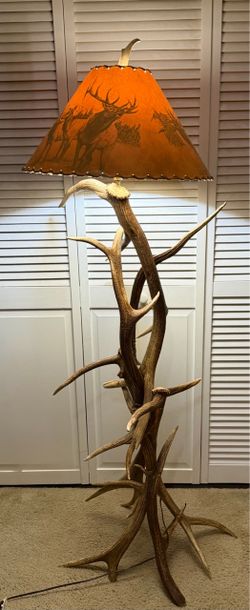 Elk antler floor lamp with vintage 19” CMoore2000 elk lampshade