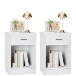 FOTOSOK Nightstand, Set of 2, 2 Tier Nightstand with Drawer and Storage Shelf, Bedside Table End Tab