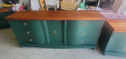 Beautiful  Mcm Dresser Set Dark Green Natural  Wood Top/ Must Go 1/10 .450.00 Firm