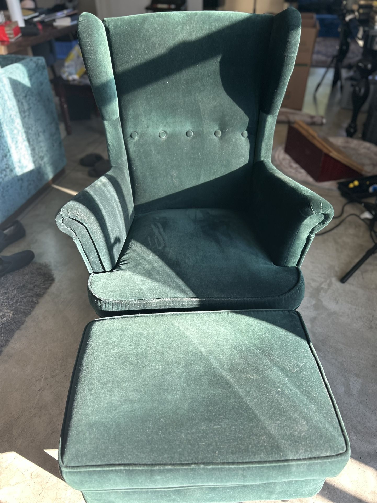 Green Wingback Chair with Ottoman.