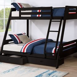Brand New Black Twin Over Full Bunk Bed w Trundle Drawers