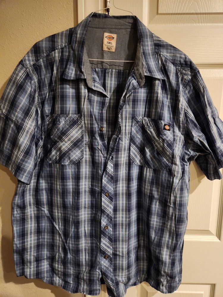 Mens Dickies Blue Plaid Print Button Down Casual Shirt