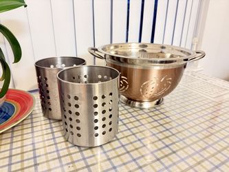 Copper-Toned Colander and Stainless Steel Utensil Holders