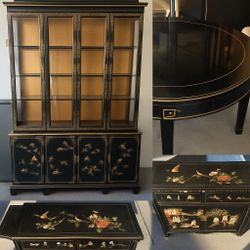 Elegant Black & Gold Asian-Inspired China Cabinet & Dining Set – Vintage Statement Piece