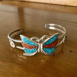 VINTAGE NATIVE AMERICAN TURQUOISE AND CORAL STERLING SILVER BUTTERFLY BRACELET