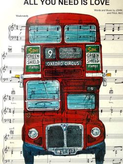 Pop Culture The Beatles 'All You Need Is Love' London Bus Sheet Music Art Print 8” x 10”   Matted Art print features a red double-decker London bus il