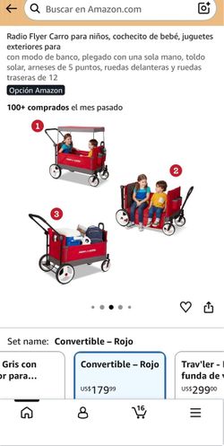 Radio Flyer Carro para niños, cochecito de bebé, juguetes exteriores para con modo de banco, plegado con una sola mano, toldo solar, arneses de 5 punt