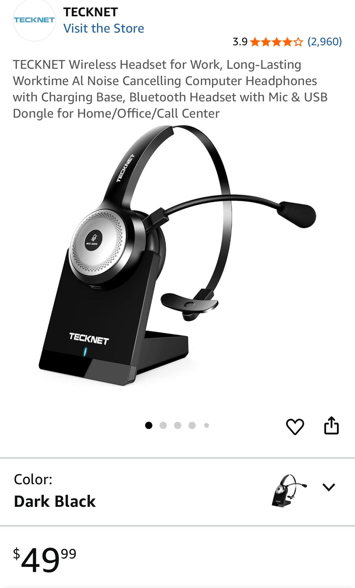TECKNET Wireless Headset for Work, Long-Lasting Worktime Al Noise Cancelling Computer Headphones with Charging Base, Bluetooth Headset with Mic & USB