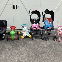 Children’s Car Seat, Strollers And Push/Sit on Toys. 6 Piece Set. 