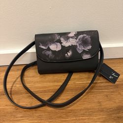 Floral Accent Black Crossbody Bag with Lavender Blooms