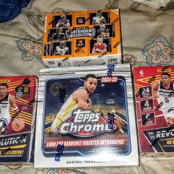 NBA & NFL Lot Of 4 Mega & Blaster Boxes1 NBA 2024-25  Topps Chrome Mega Box 1 NFL 2024 Contenders Blaster Box & 2 NBA 2024-25 Revolution Blaster Boxes