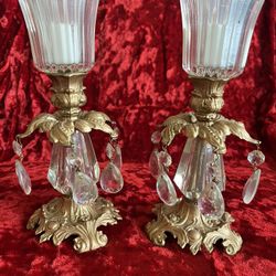 Vintage Gold Metal And Glass Hollywood Regency Candle Holders, Set Of 2