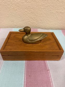 Vintage Wooden Trinket Box with Solid Brass Duck Accent