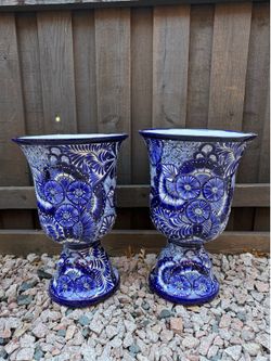 Mexican Talavera Blue Urns Planters, Pottery, Clay Pots.