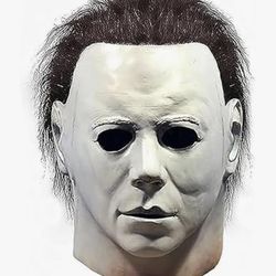 Cosplay Michael Myers Mask & 9 Sheets Window Clings-Bloody Handprint Footprint Skullprint Window Stickers and 3 PCS Caution Tape Rolls 3inx30ft 