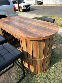 NEW Oval Bar Table with 3 Bar Stools – Brown Wood Bar Counter with Storage Shelves