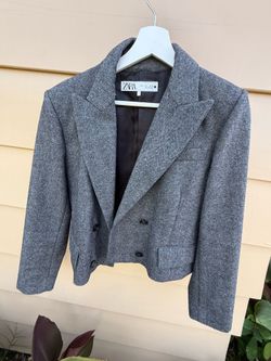 ZARA Grey Herringbone Double-Breasted Cropped Blazer / Jacket - Size L