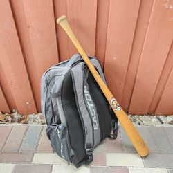 Wood Bat Baseball And Backpack.  33"