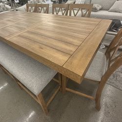 Dining Table With Leafs, 6 Chairs, 1 Bench 