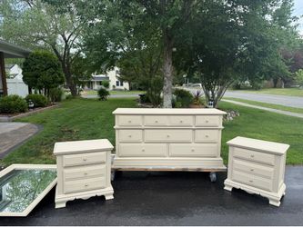 4pc beige modern farmhouse bedroom set long dresser 2 nightstands mirror