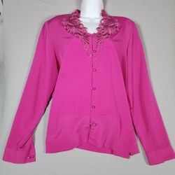 Liz Baker Lace Collar Pearl Button Blouse Women's Size 14 Fuchsia Pink