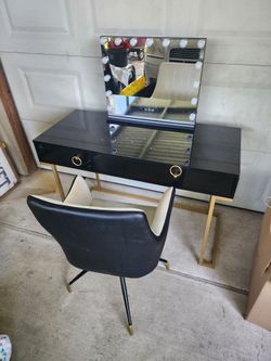 Vanity, lights, mirror, chair