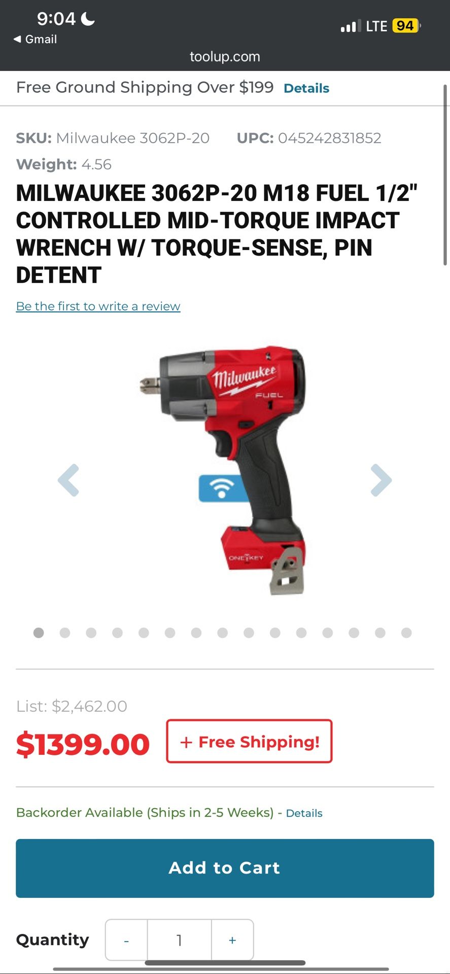 Milwaukee Torque Impact Wrench, TOOL ONLY