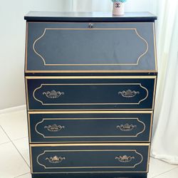 Antique Secretary Desk with Drawers – Vintage Black & Gold Trim