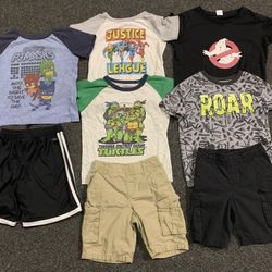 Bundle of Boys size 5 summer teeshirts (PJ Masks, Justice League, Ninja Turtles, Ghostbusters, dinosaur) and shorts (Adidas and 2 cargo) 