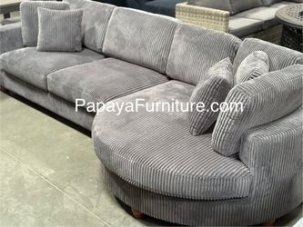 NEW Designer Choice Modern Sectional Sofa and BIG Curved Chaise Lounge Set Ashley Style Dark Grey Fabric Couch SALE Discount Furniture Warehouse Gray