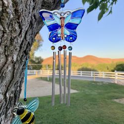 Small Retro Stained Glass Butterfly Wind Chime Sun Catcher Mobile