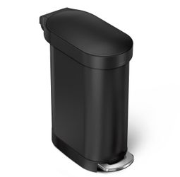 simplehuman Slim Step Trash Can in matte black stainless steel, gently used condition