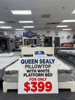 Queen Sealy Pillowtop With White Bed Frame