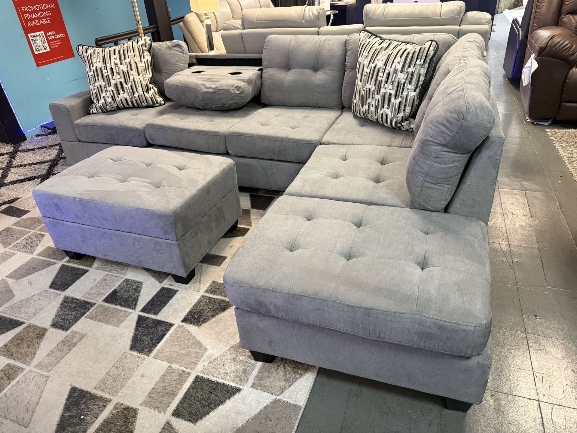 Huge Sale!! Cozy Sectional With Drop Down Console With Cupholders  – now with a FREE Storage Ottoman!