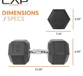 CAP Rubber Coated Dumbbell Weights, Free Weights for Home Gym Strength Training, Anti-Roll Hex Dumbbells with Black, Chrome & Comfort Grip Handles, Si