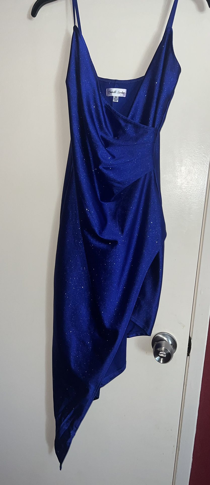 Blue Glitter Asymmetrical Prom Dress