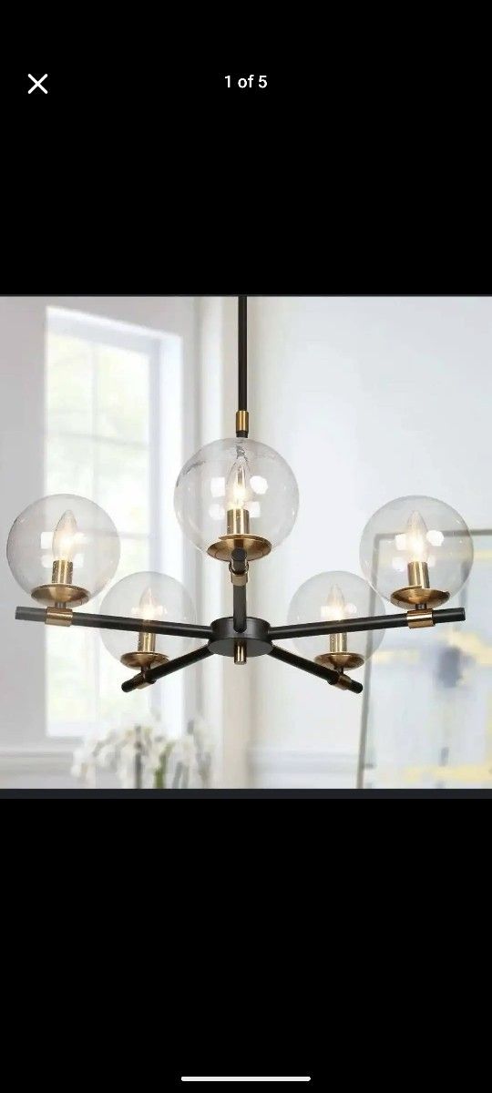 Stylish Chandelier Black and Gold 5 light with Round Globes