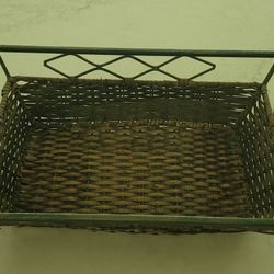 Vintage Rectangular Metal And Wicker Basket With Handles