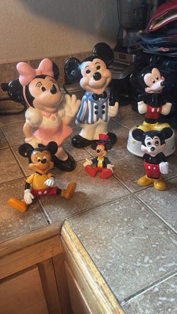 Vintage Mickey & Minnie Mouse Collection - 7 Pieces - Ceramic Banks + Music Box WORKS