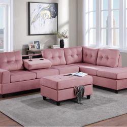 Heights Pink Velvet Reversible Sectional with Storage Ottoman