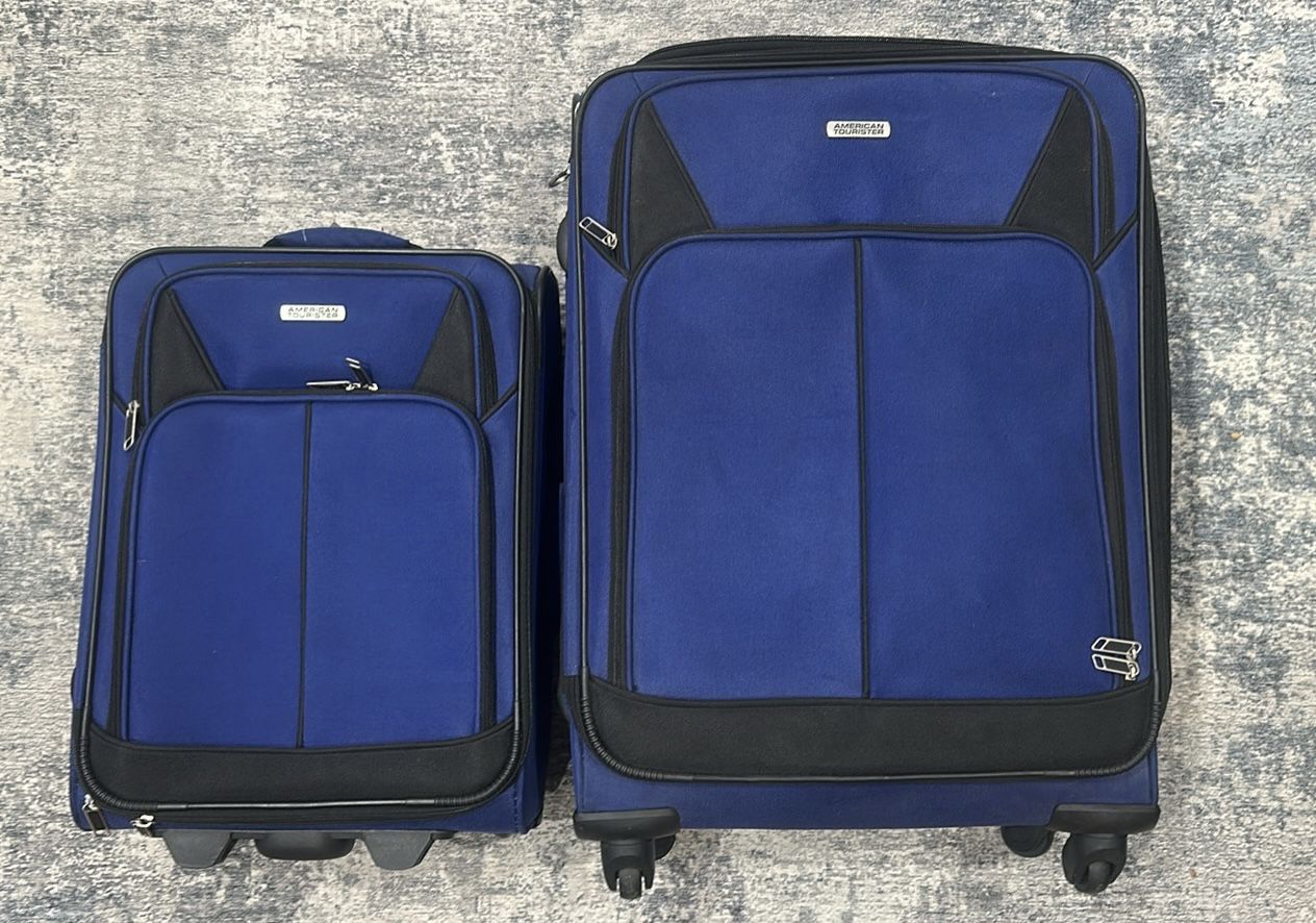American Tourister Medium & Small Blue Matching Suitcase Luggage w/ Wheels & Extendable Handles