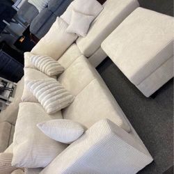 Beautiful! 3-pc Sectional Sofa With Storage Ottoman Ivory Corduroy 